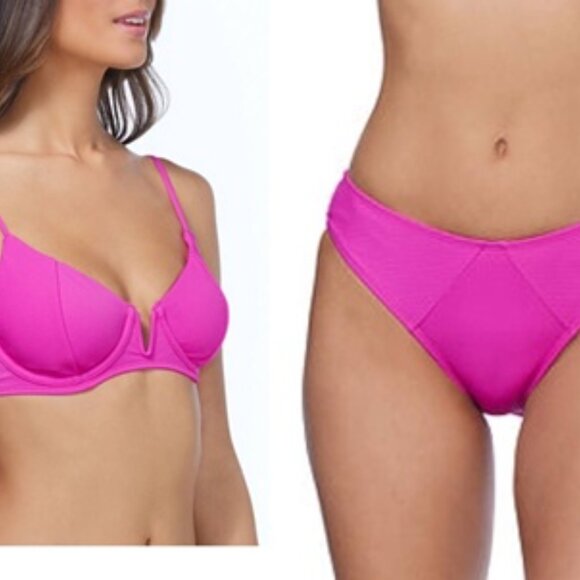 NWT Ambrielle Ribbed 2 Piece Bikini Set Hot Pink Adjustable Straps‎ Size Small - Picture 1 of 7